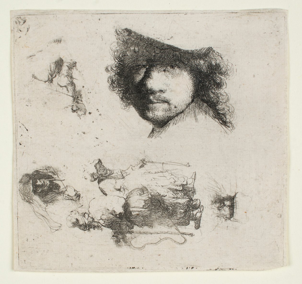 Studieark: Kunstnerens hoved, et tiggerpar, hovederne af en gammel mand og en gammel kvinde osv. af Rembrandt van Rijn
