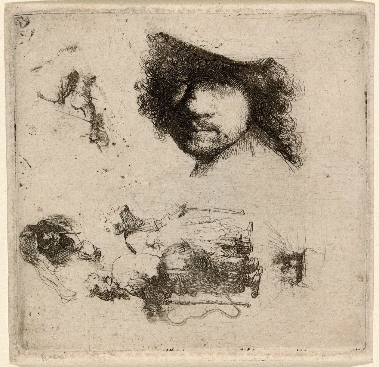 Studieark: Leder af kunstneren, et tiggerpar, ledere af en gammel mand og en gammel kvinde osv. af Rembrandt van Rijn