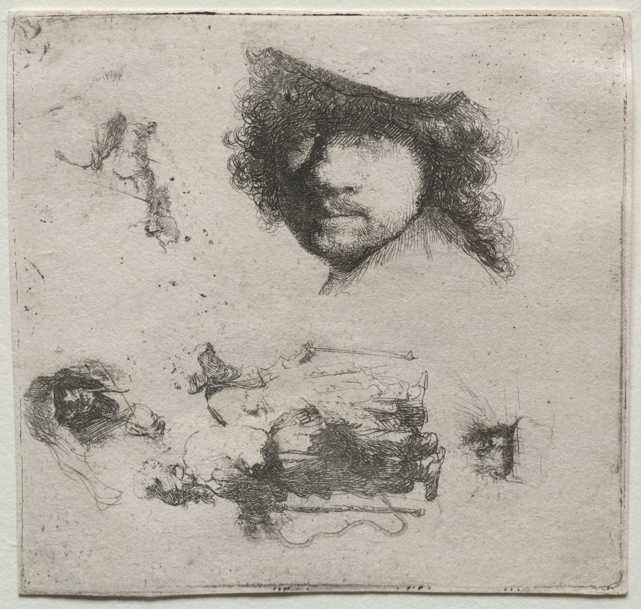 Studierark: Selvportræt, et tiggerpar osv. af Rembrandt van Rijn
