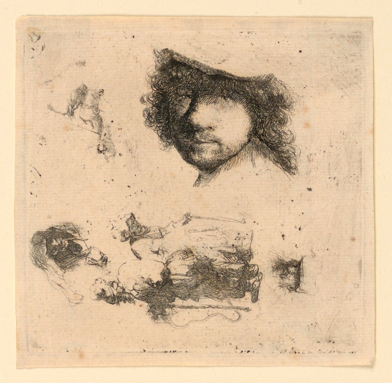 Studieark: Selvportræt, et tiggerpar, hoveder af en gammel mand og en gammel kvinde osv. af Rembrandt van Rijn