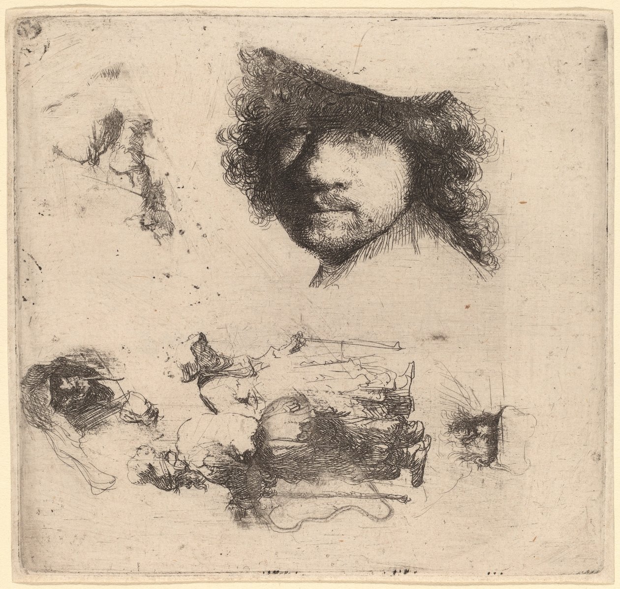 Studieark inklusive leder af kunstneren, et tiggerpar, ledere af en gammel mand og gammel kvinde af Rembrandt van Rijn
