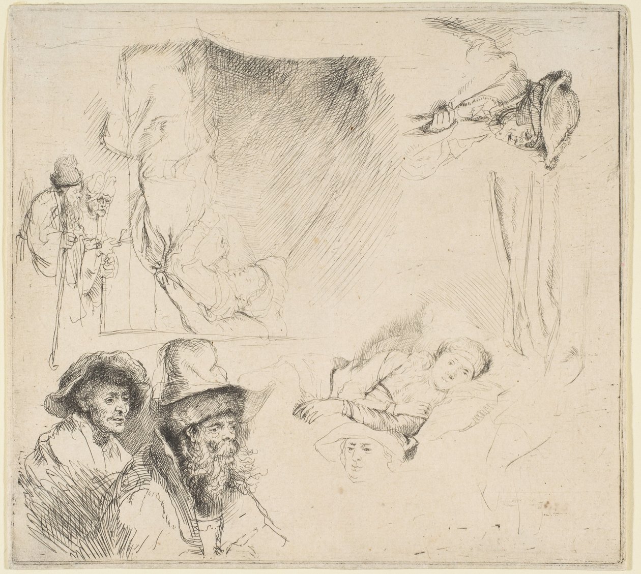 Studieark med en kvinde, der ligger syg i sengen osv., ca. 164142. af Rembrandt van Rijn