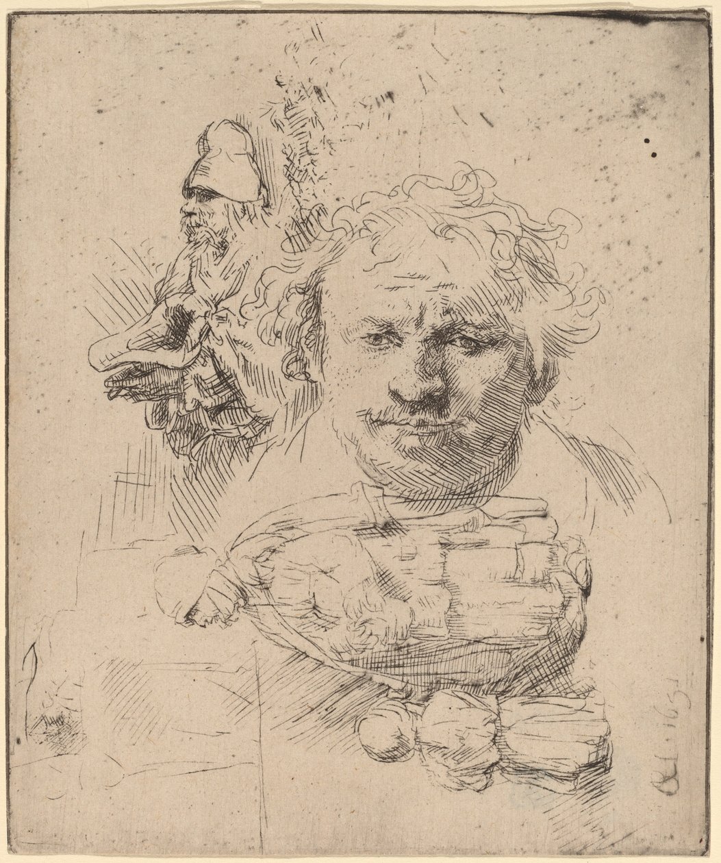 Studieark med hovedet af kunstneren, en tiggermand og kvinde og barn af Rembrandt van Rijn