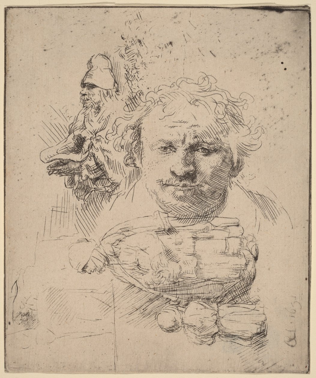 Tegningsark med kunstnerens hoved, en tigger, en kvinde og et barn af Rembrandt van Rijn