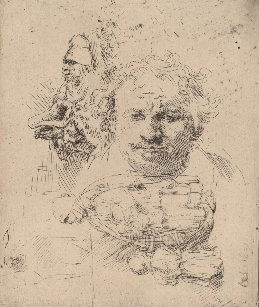 Ark med studier med hovedet af kunstneren, en tiggermand, og kvinde og barn, 1651. af Rembrandt van Rijn