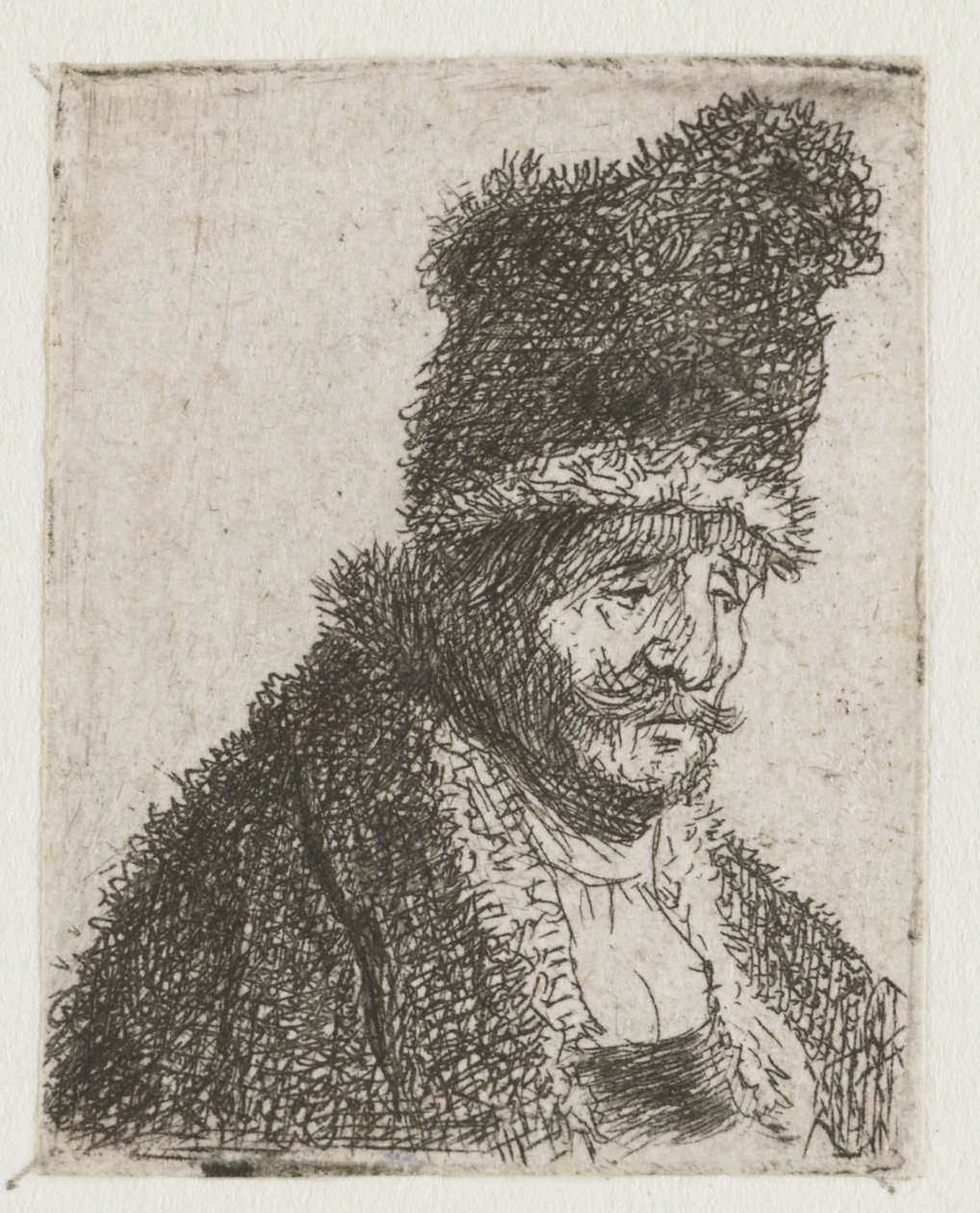Samling af studier af mænds hoveder: en ældre mand i pelsfrakke og høj hue af Rembrandt van Rijn