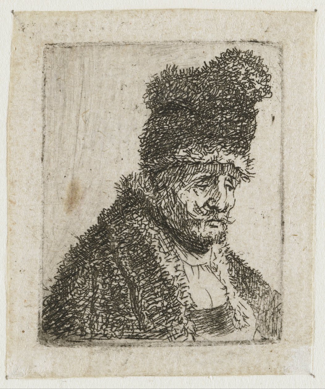 Samling af studier af mænds hoveder: en ældre mand i pelsfrakke og høj hue af Rembrandt van Rijn