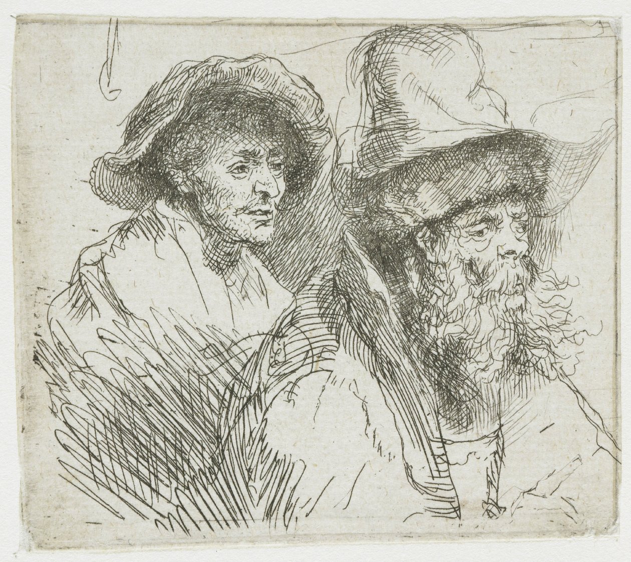Tegningsark med en kvinde, der ligger syg i sengen: brystbilleder af to mandlige figurer af Rembrandt van Rijn