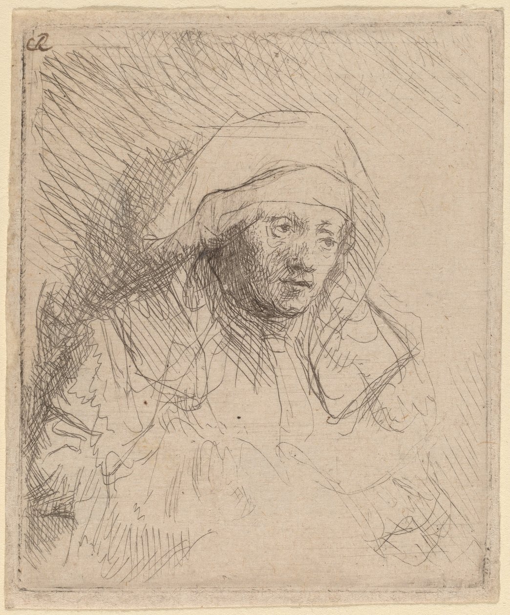 Syg kvinde med en stor hvid hovedbeklædning (Saskia) af Rembrandt van Rijn