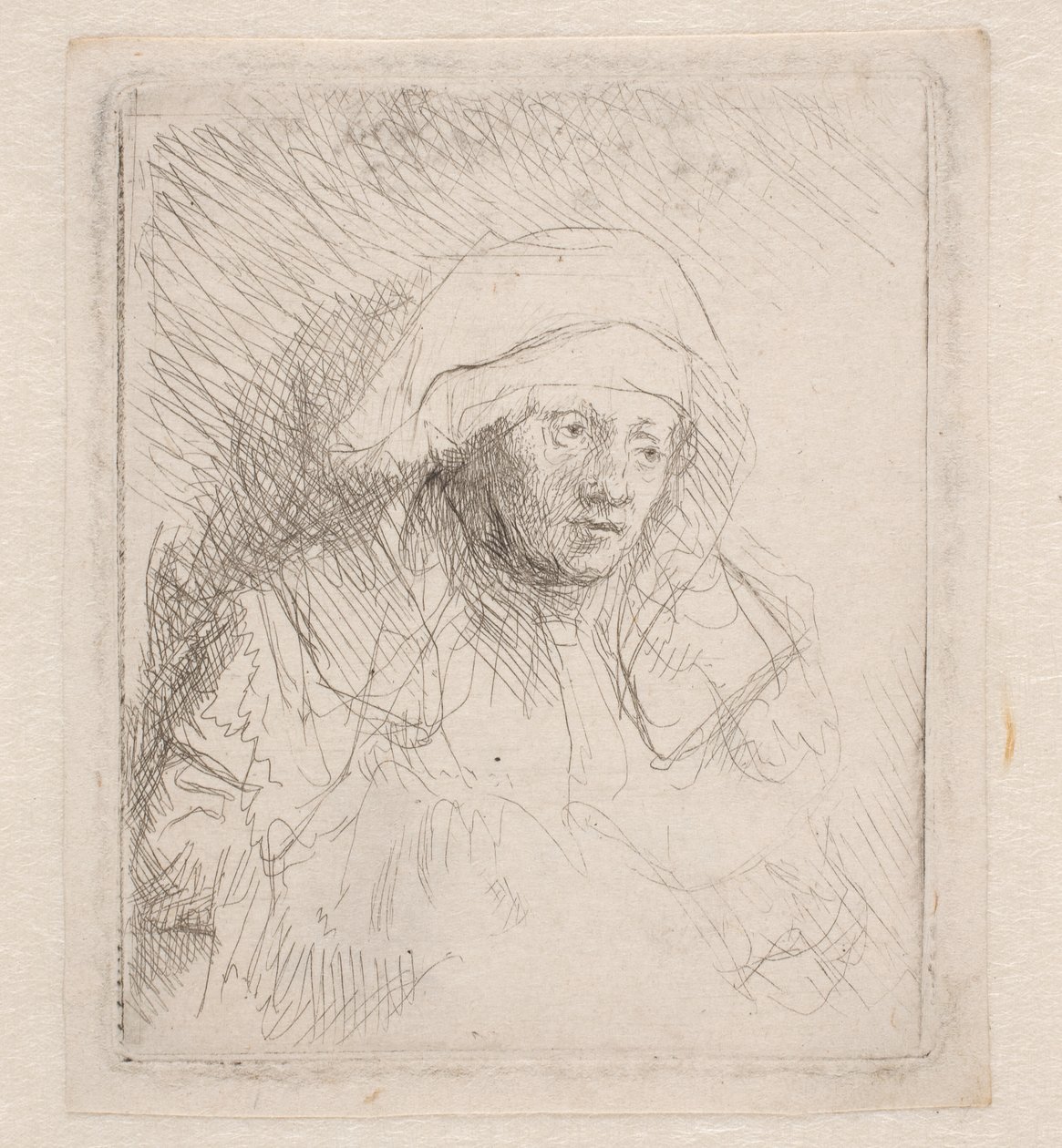 Syg kvinde med en stor hvid hovedbeklædning (Saskia) af Rembrandt van Rijn