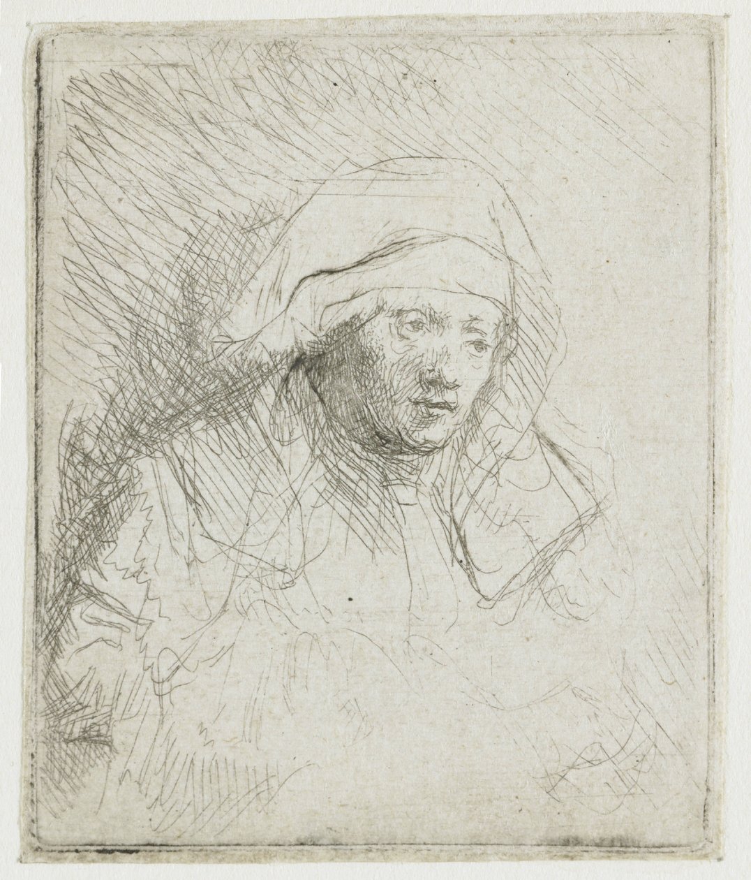 En syg kvinde med et stort hvidt hovedbeklædning (Saskia) af Rembrandt van Rijn