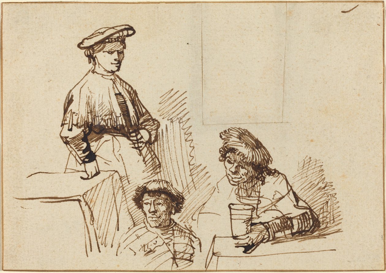 Skitser fra et værtshus: Kvinde stående og to mænd siddende af Rembrandt van Rijn