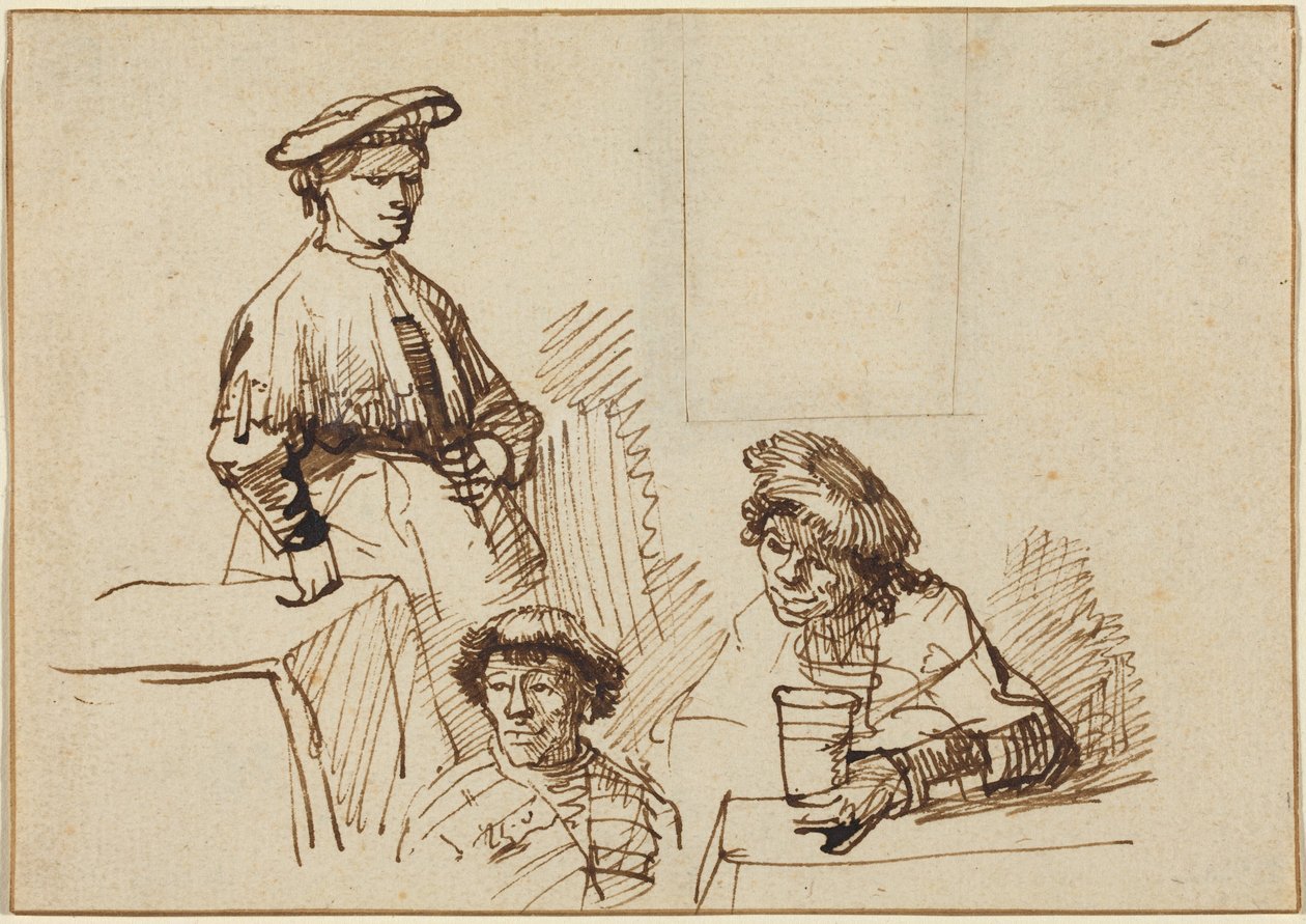 Skitser fra en kro: En stående kvinde og to siddende mænd af Rembrandt van Rijn
