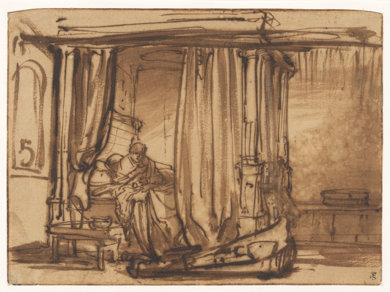 Soveværelse med Saskia siddende i en himmelseng af Rembrandt van Rijn