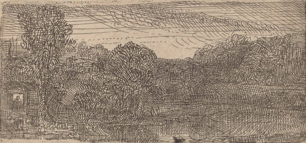 Lille gråt landskab: et hus og træer ved siden af en pool, ca. 1640. af Rembrandt van Rijn
