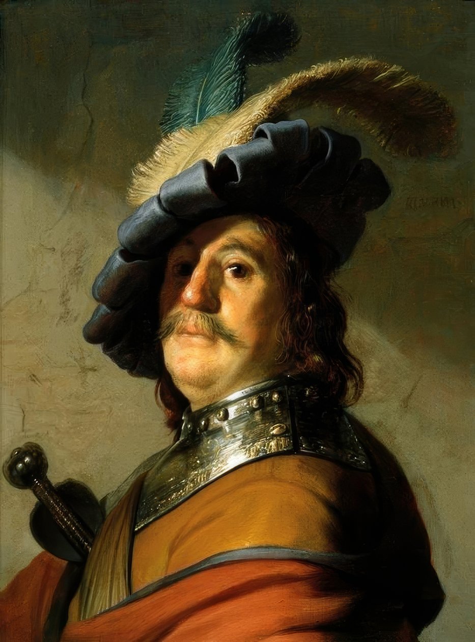 Soldat med jernkrave og fjerhat af Rembrandt van Rijn