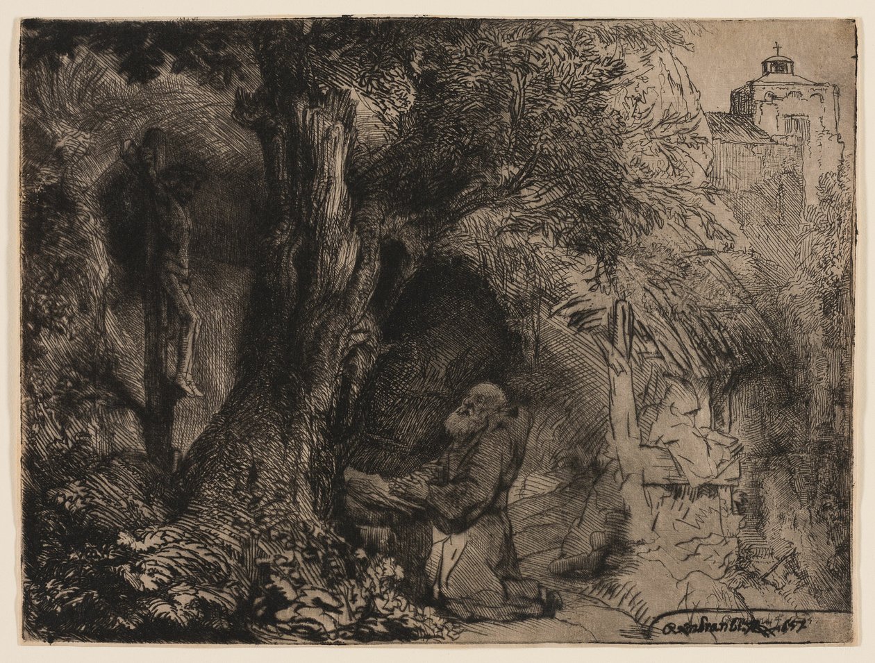 St. Francis under et træ beder af Rembrandt van Rijn