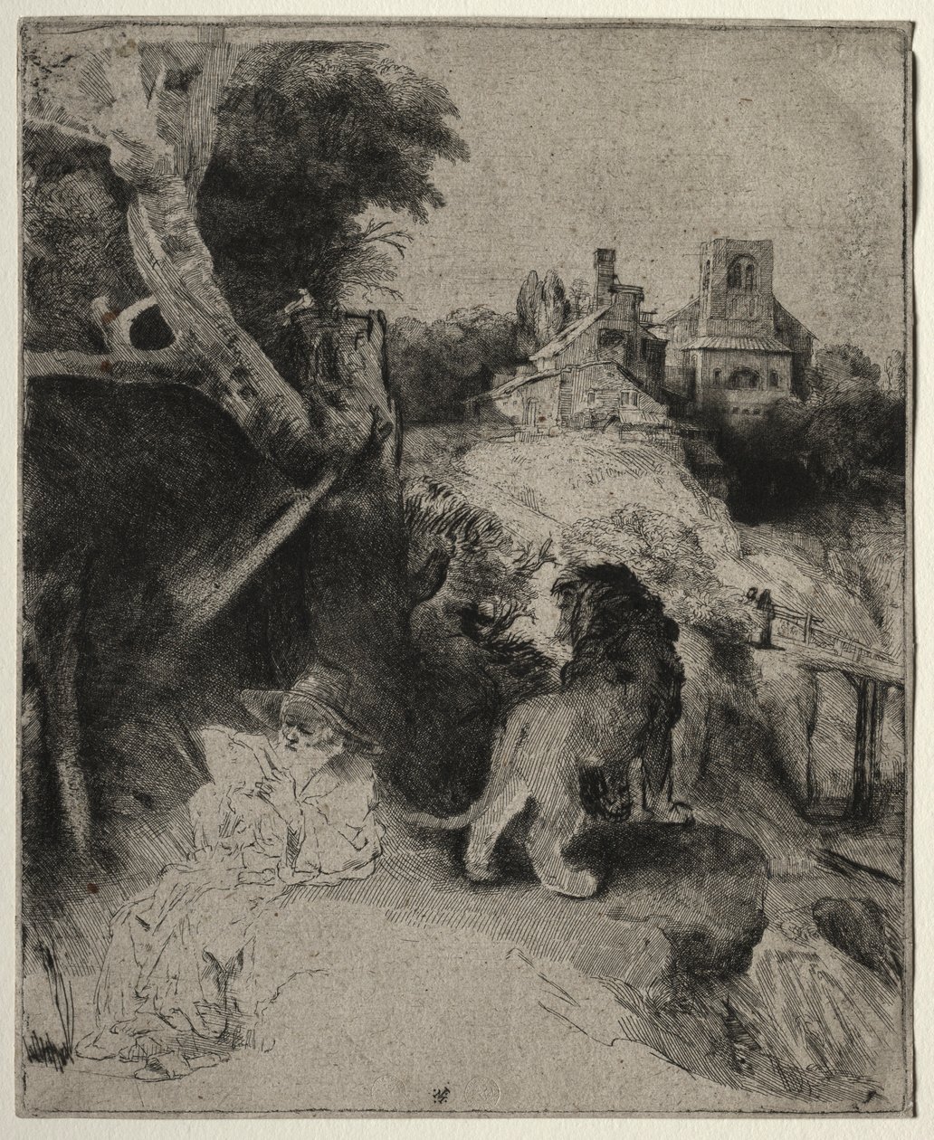 Sankt Jerome læser i et italiensk landskab, ca. 1653. af Rembrandt van Rijn