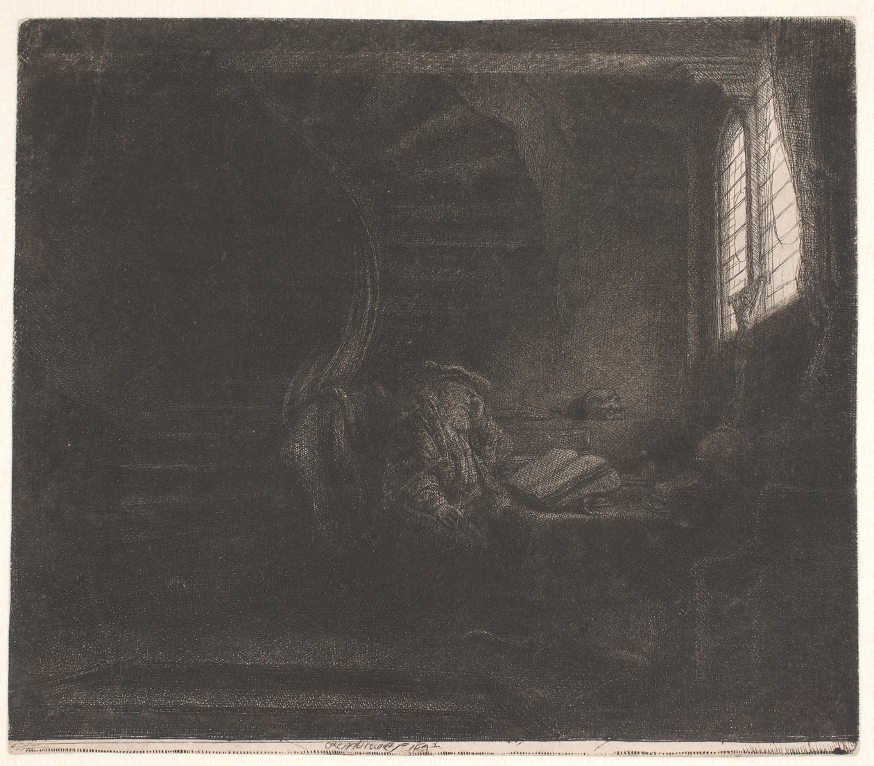 Den hellige Hieronymus i et mørkt kammer af Rembrandt van Rijn