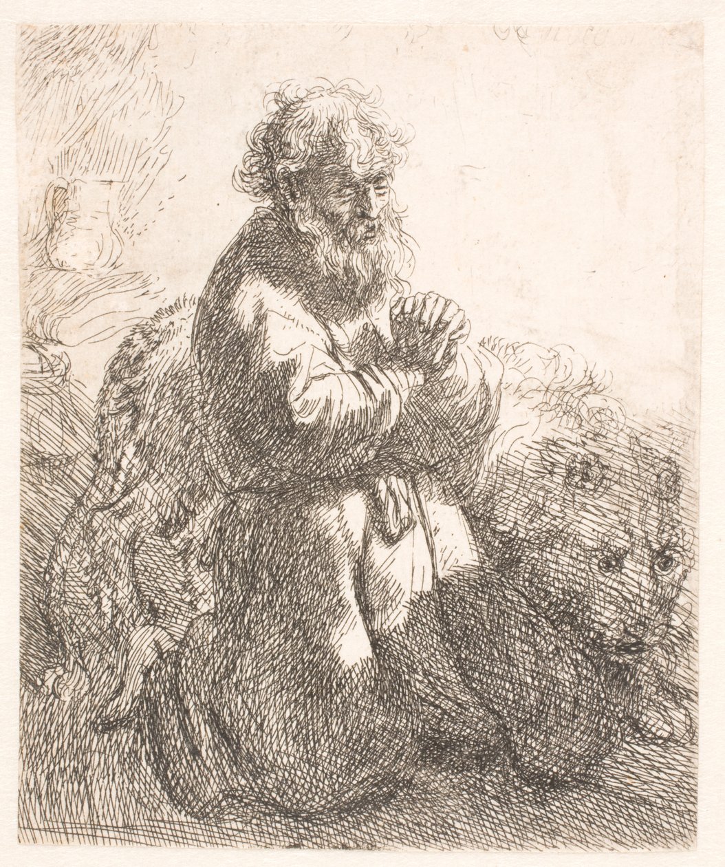 Sankt Jerome knæler i bøn og kigger ned af Rembrandt van Rijn