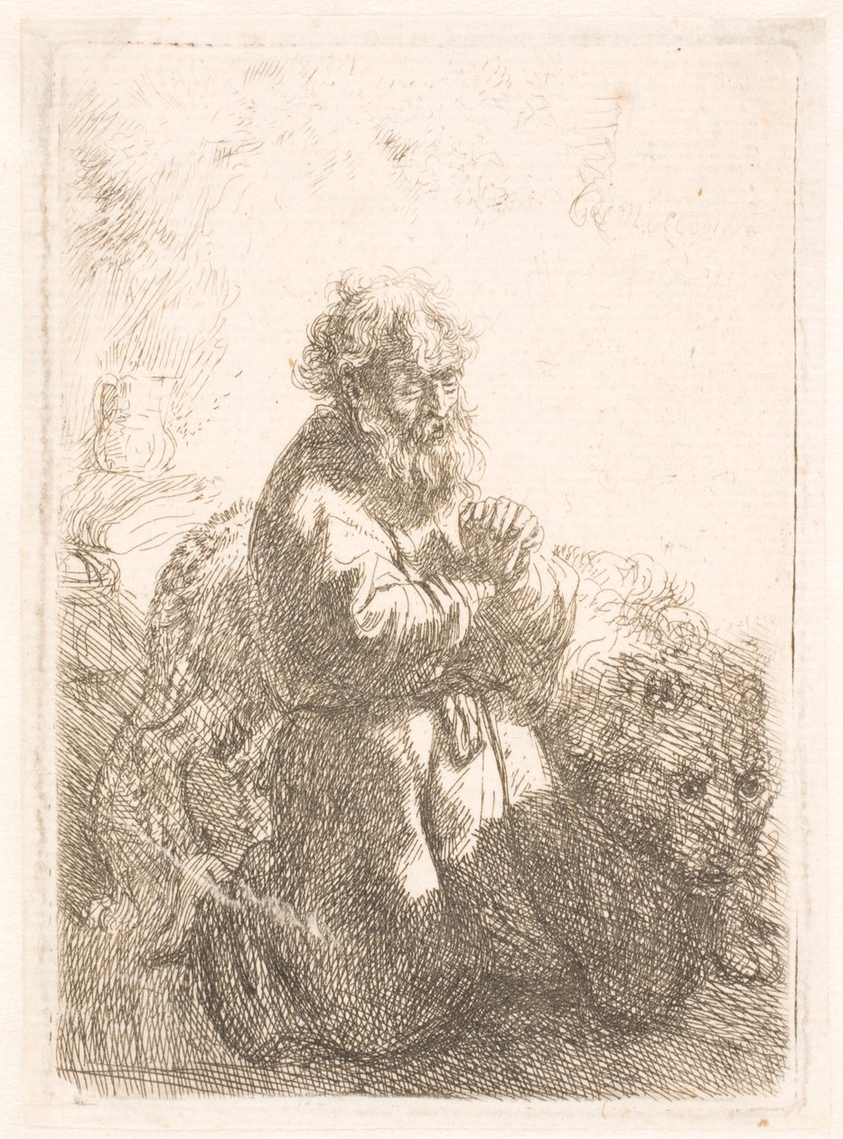 Sankt Jerome knæler i bøn og kigger ned af Rembrandt van Rijn