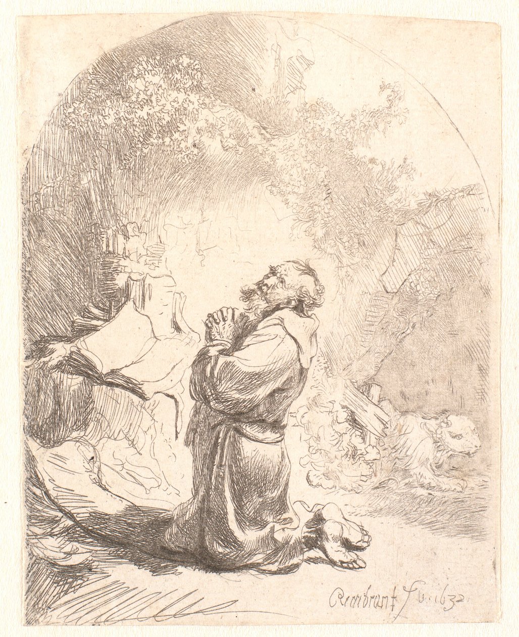 Sankt Hieronymus beder: buet tryk af Rembrandt van Rijn