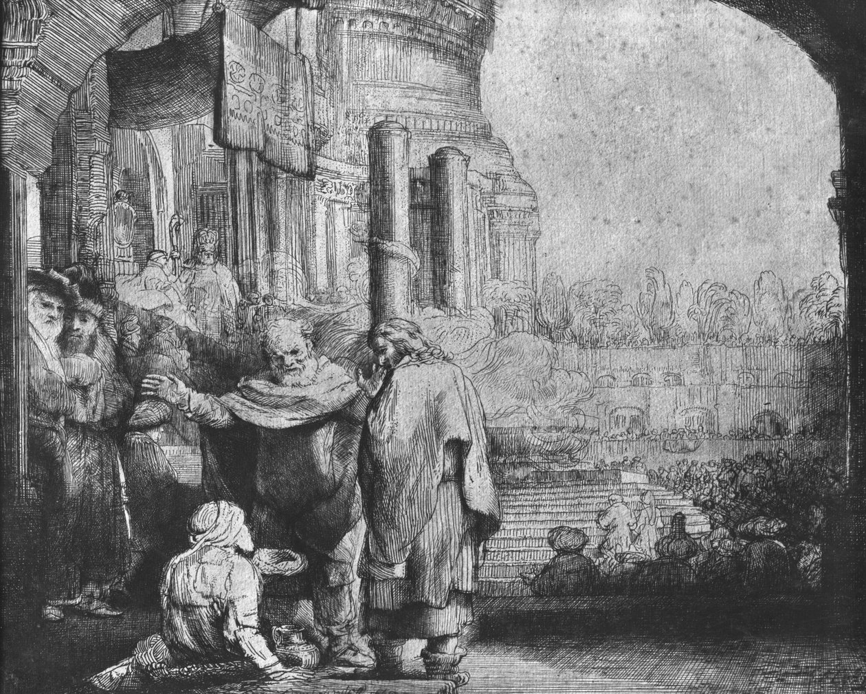 St. Peter og St. John ved indgangen til templet, 1649 (radering) (bw foto) af Rembrandt van Rijn