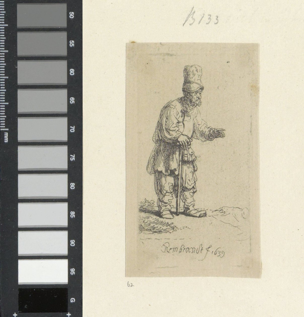 Stående landmand med høj hovedbeklædning, lænet på en pind Recueil de quatre-vingt-cinq estampes originales (serietitel) af Rembrandt van Rijn