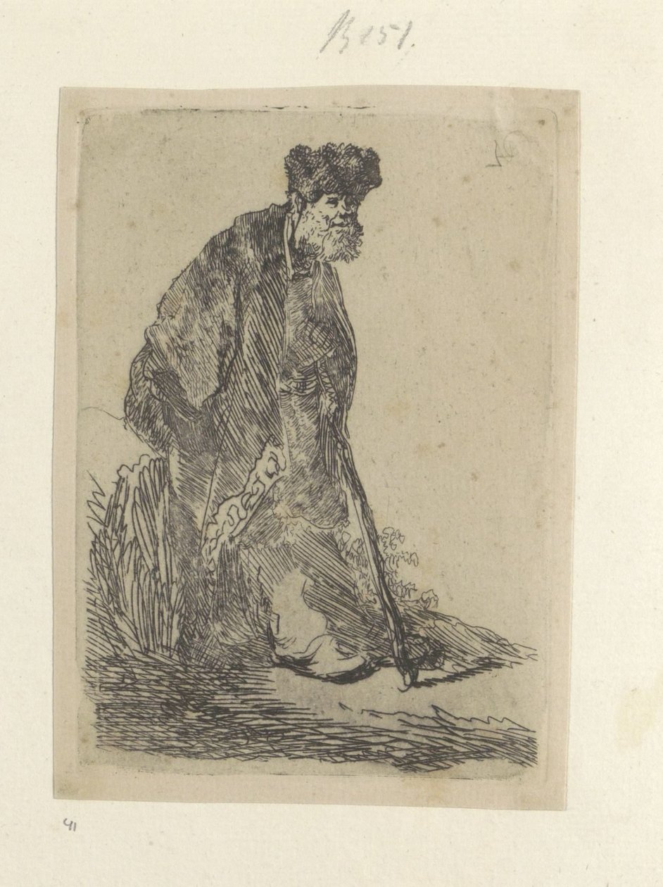 Staande mand sætter en lange mantel i bontmuts Samling af 85 originale tryk (serietitel) af Rembrandt van Rijn