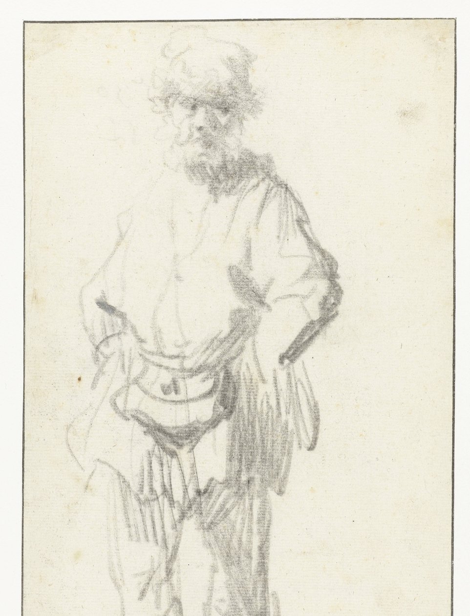 Stående mand med en pose af Rembrandt van Rijn