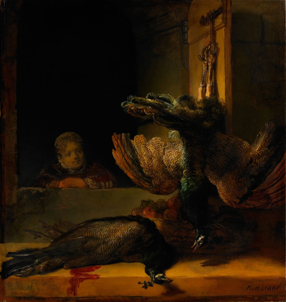 Stilleben med to påfugle og en pige, ca 1639 af Rembrandt van Rijn