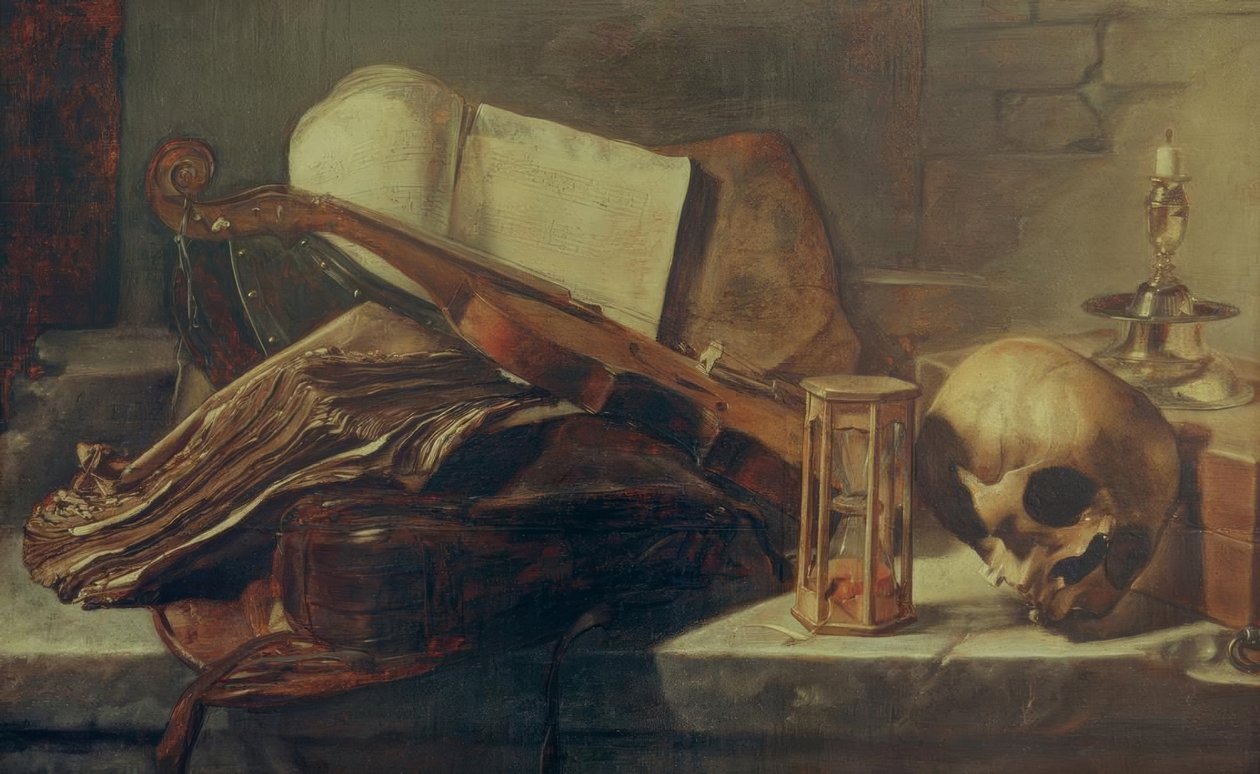 Stilleben med bøger, violin, kranium og timeglas af Rembrandt van Rijn
