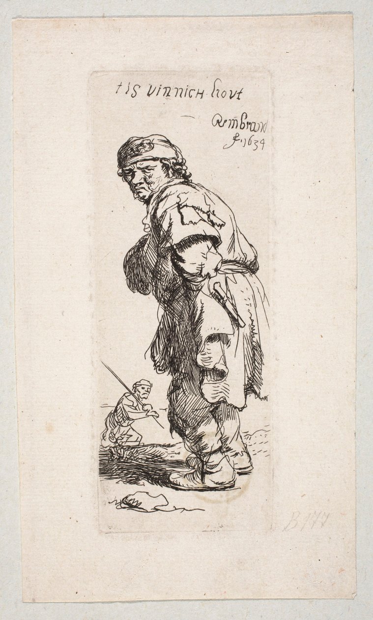 En stående landsbyboer, der vender mod venstre, og en figur med en stok i baggrunden »Tis vinnich Kout« af Rembrandt van Rijn