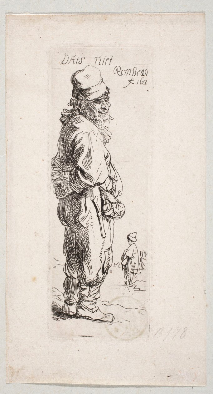 En stående landsbyboer, der vender mod højre: »DatS niet« af Rembrandt van Rijn