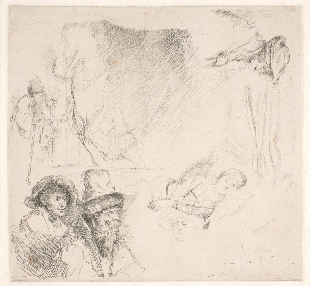 Studieblad, bl.a med en sengeliggende kvinde af Rembrandt van Rijn