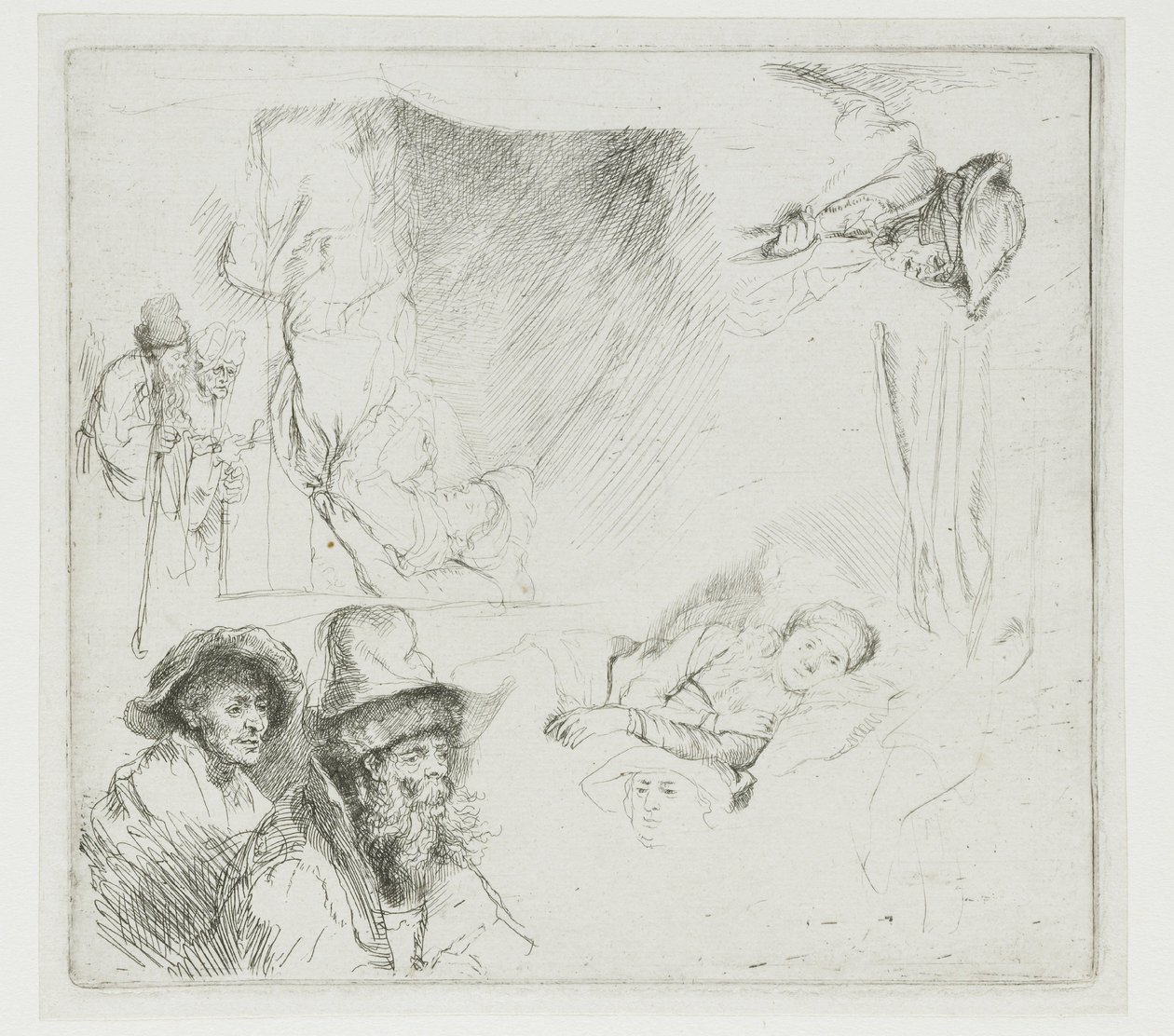 Studiebillede med en syg kvinde i sengen af Rembrandt van Rijn