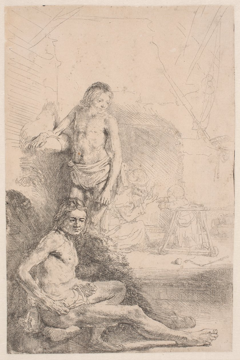 Nøgenstudier: en siddende mand og en stående mand; med en kvinde og et spædbarn svagt skitseret i baggrunden af Rembrandt van Rijn