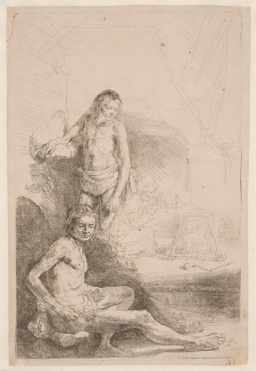 Nøgenstudier: en siddende mand og en stående mand; med en kvinde og et spædbarn svagt skitseret i baggrunden af Rembrandt van Rijn