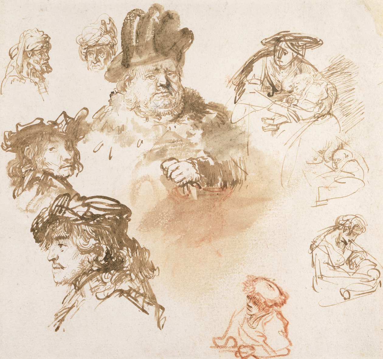 Studier af gamle mænds hoveder og tre kvinder med børn, ca. 1635-36 (blæk og vask på papir) af Rembrandt van Rijn