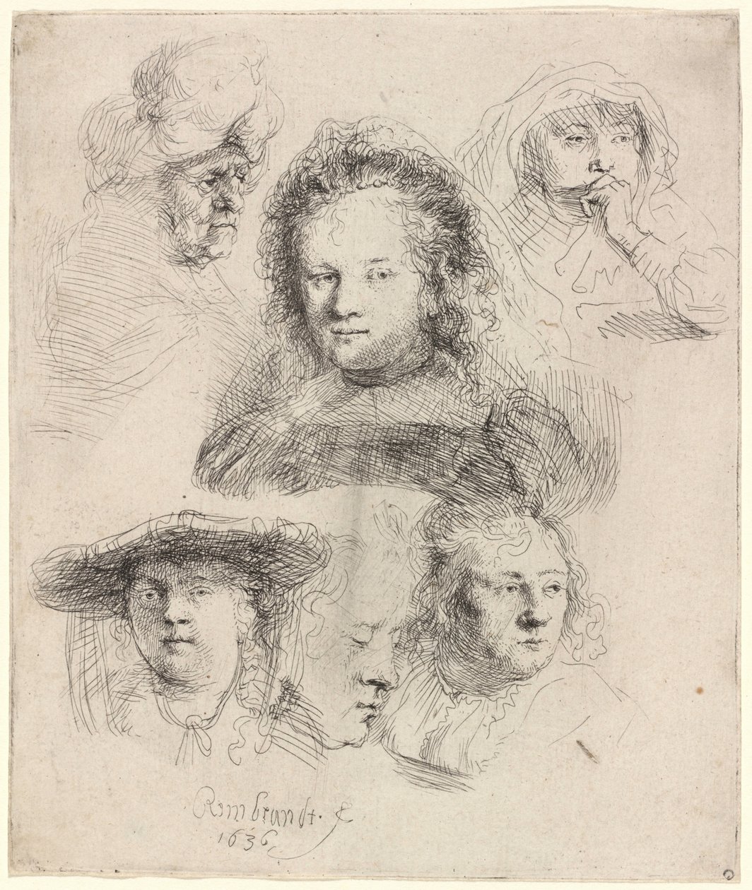Studier af Saskias hoved og andre motiver af Rembrandt van Rijn
