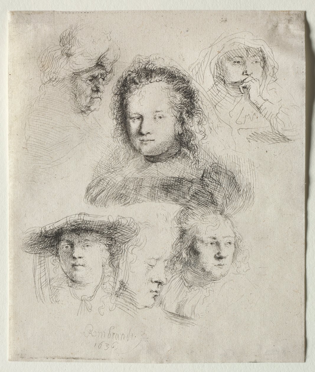 Studier af lederen af Saskia og andre, 1636. af Rembrandt van Rijn
