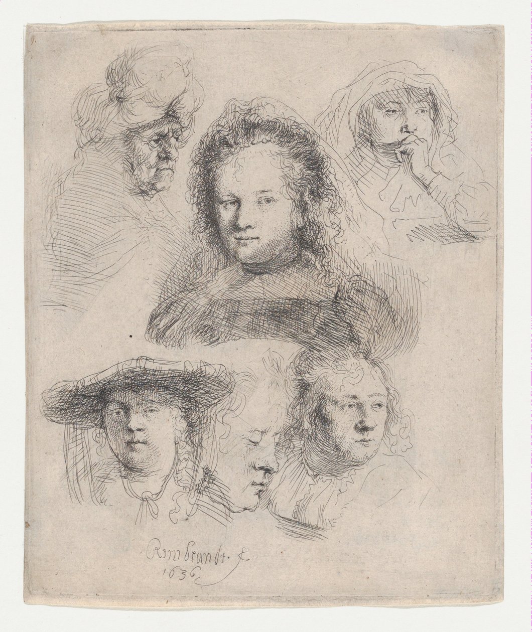 Studier af lederne af Saskia og andre, 1636., 1636. af Rembrandt van Rijn