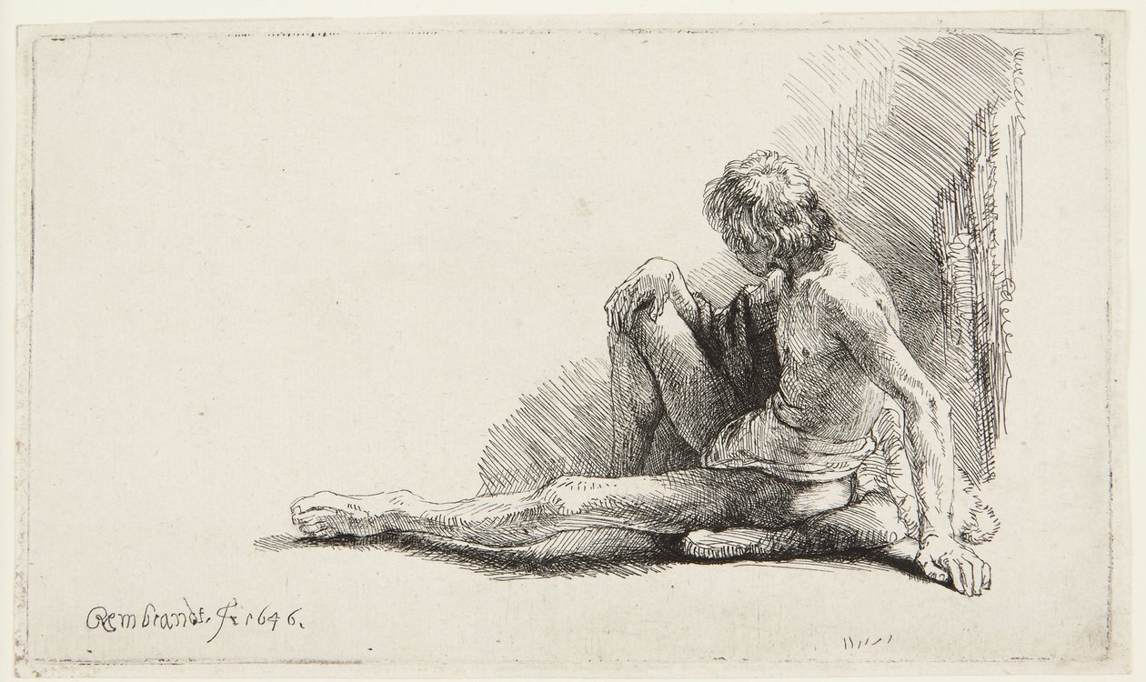 Studie efter nøgenmodel (Mand siddende på jorden) (Bartsch 196, den anden af to udgaver; H. 221; Muntz 137 II) af Rembrandt van Rijn