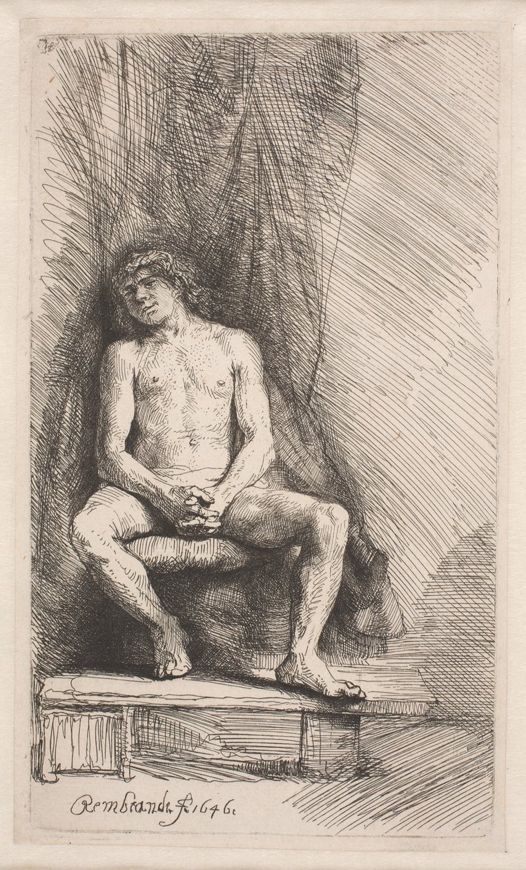 Studie efter nøgenmodel: mand siddende foran et forhæng af Rembrandt van Rijn
