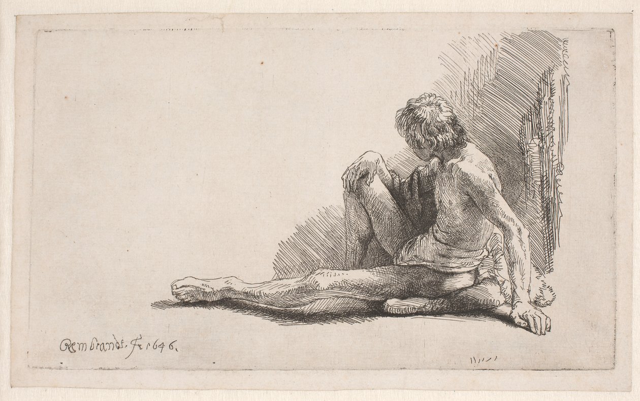 Studie efter nøgenmodel: mand siddende på jorden med det ene ben strakt ud af Rembrandt van Rijn