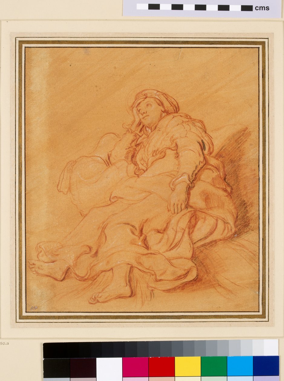 Studie af Rachels figur, ca. 1621 (rødt kridt med sort og hvidt kridt på orange forberedt papir) af Rembrandt van Rijn