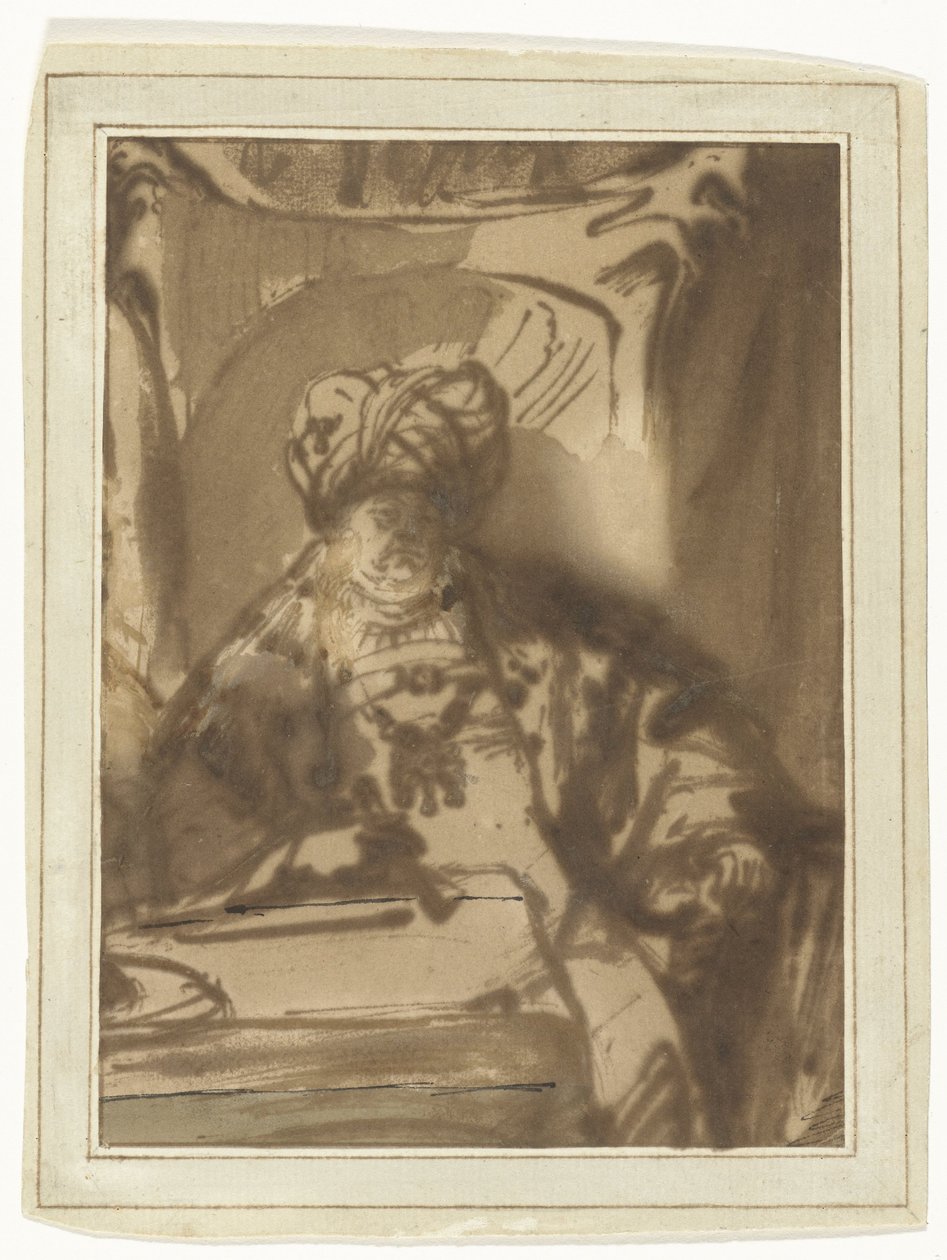 Skuespilleren Willem Bartholsz Ruyter som kong Ahasverus på sin trone af Rembrandt van Rijn