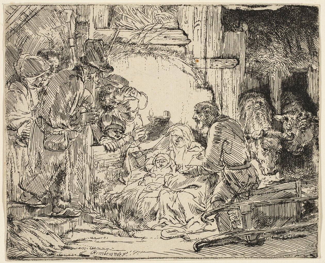 Hyrdernes tilbedelse: Med lampen af Rembrandt van Rijn