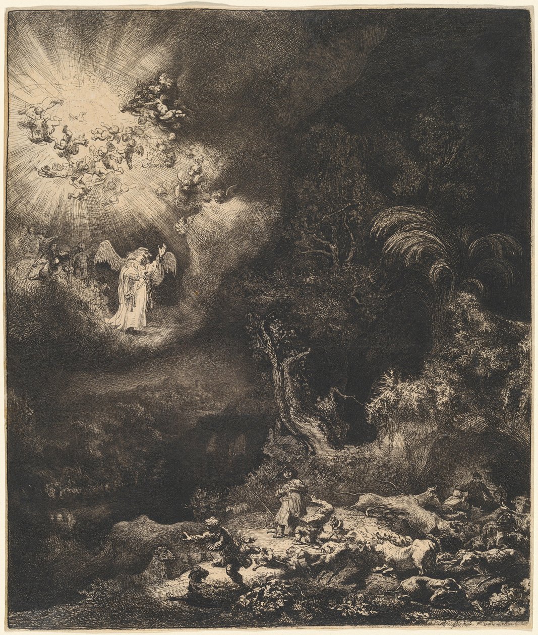 Englen, der viste sig for hyrderne af Rembrandt van Rijn