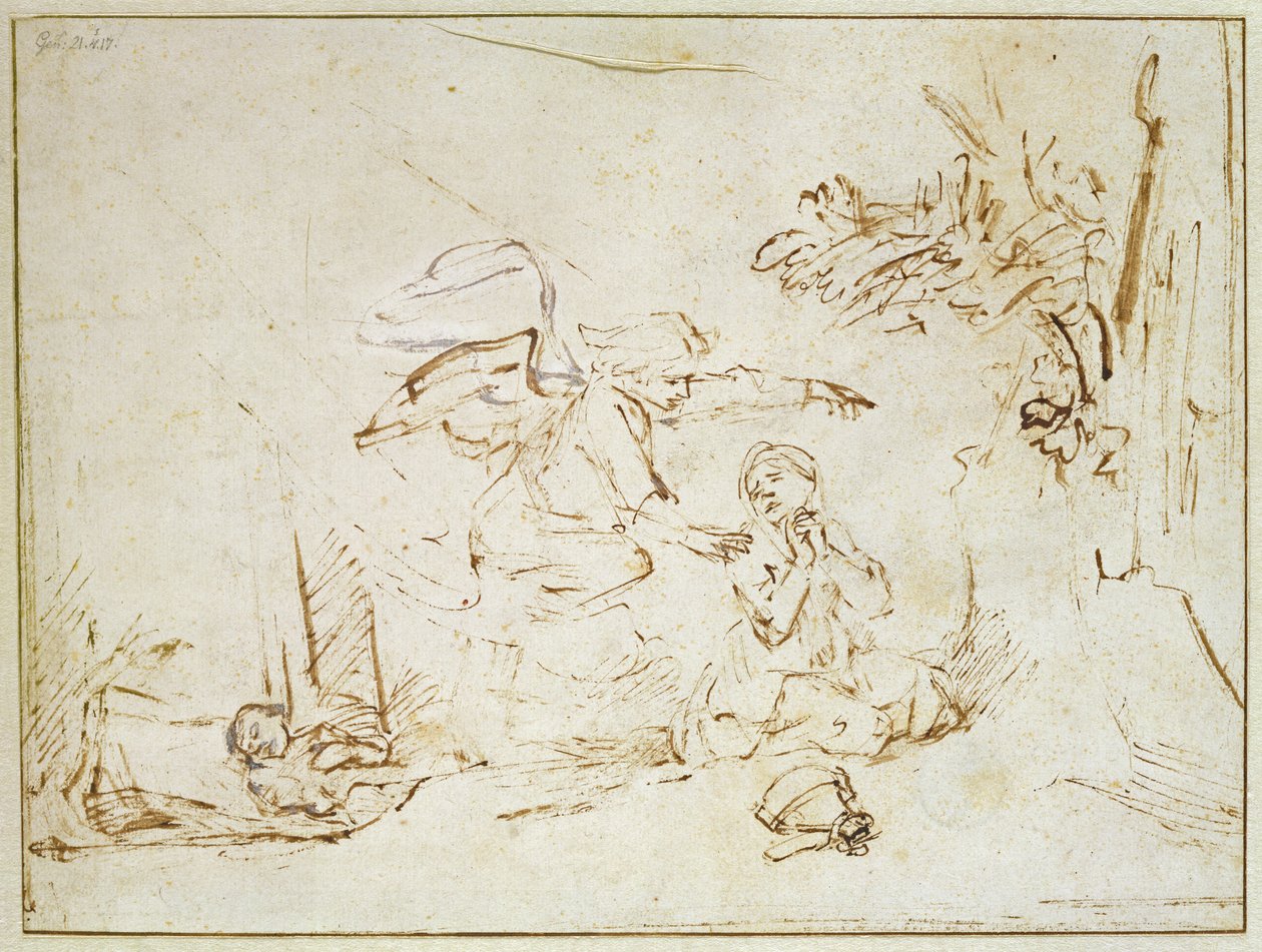 Englen viser sig for Hagar og Ismael i ørkenen (pen og brunt blæk med kropsfarve på papir) af Rembrandt van Rijn